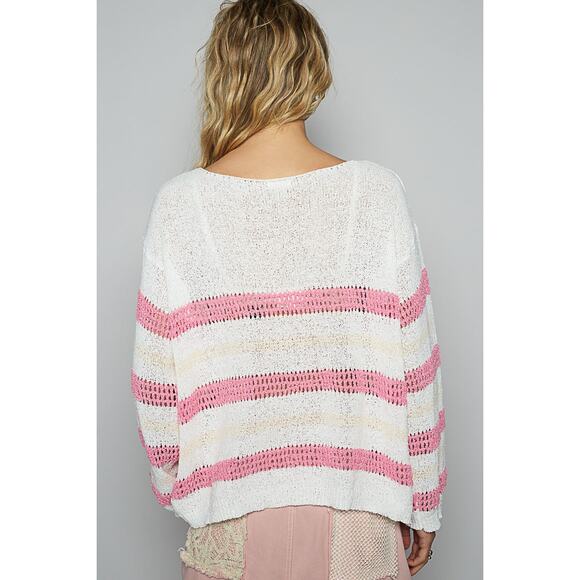 POL Striped Print Openwork Round Neck Relaxed Fit Knit Pullover Sweater | Ivory - Picture 2 of 6
